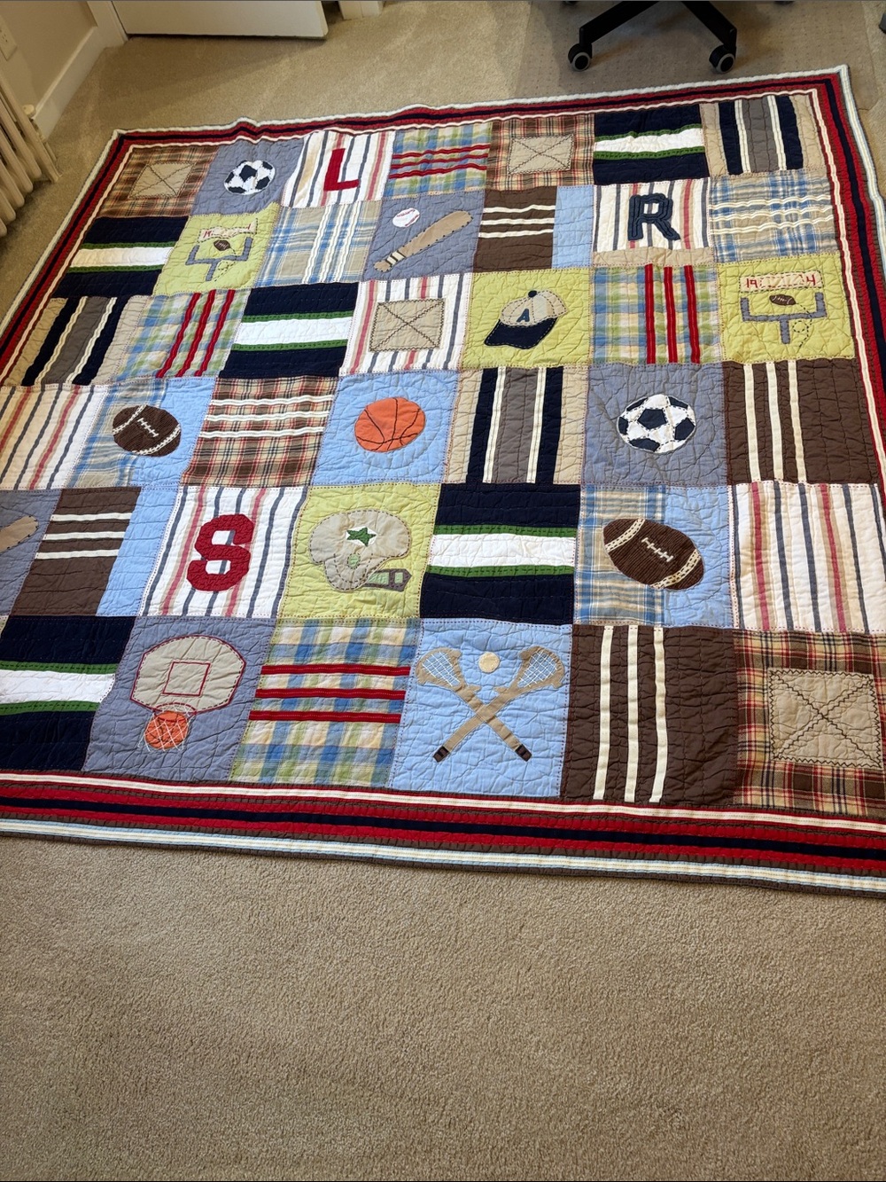 Pottery Barn Teen Sports Patchwork Quilt - Navy, Brown, Green, Red, Blue, Tan